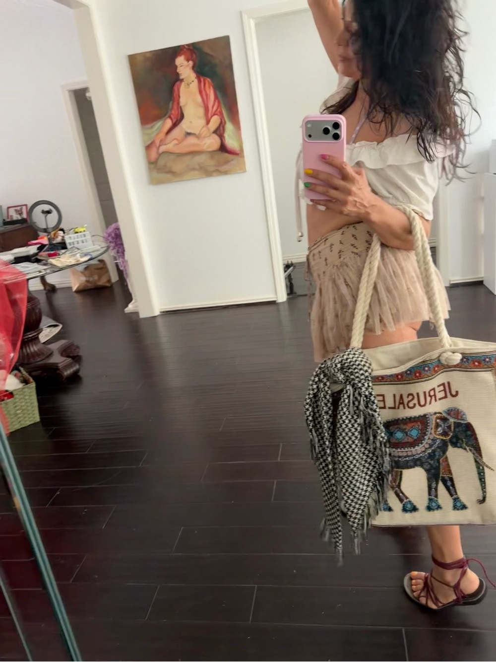 Embroidered Elephant Canvas Tote with Rope Handles - Neutral